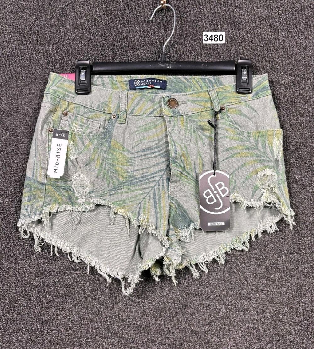 Boom Boom Jeans Shorts Womens Size 11 Green Floral Distressed Denim Mid Rise NEW